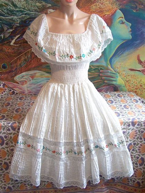 Mexican Dress Off Shoulder Dress Embroidered Mexican White Traditional