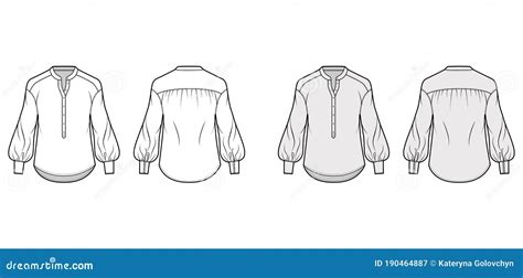 Gathered Blouse Technical Fashion Illustration With Curved Mandarin