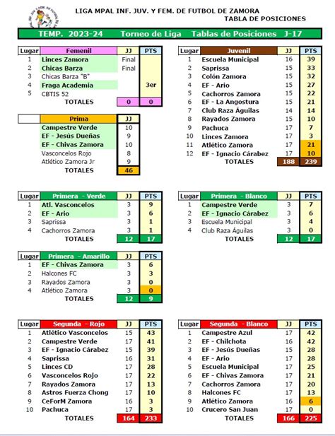 Tablas De Posiciones Liga Futbol Infantil Juvenil Femenil Zamora 2023