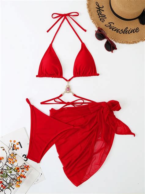 Gem Decor Bikini Set Halter Triangle Bra Thong Beach Skirt Piece