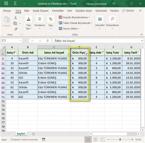 S Ralama Ve Filtreleme Temel D Zey Excel Dersleri