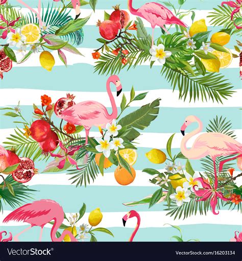 Tropical fruits flowers and flamingo background Vector Image