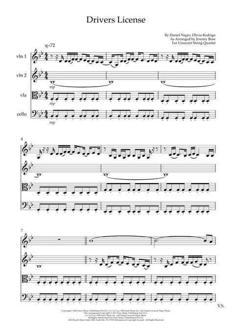 Drivers License Arr Jeremy Bose By Olivia Rodrigo Sheet Music For String Quartet At Sheet