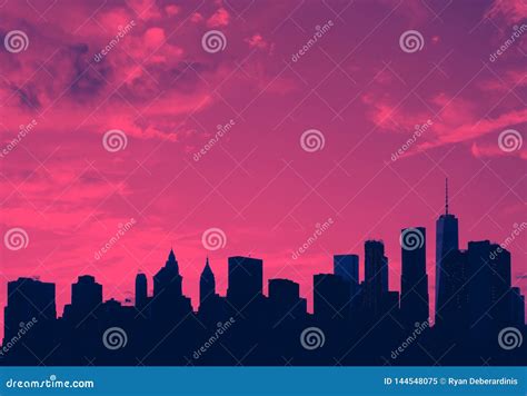 New York City Skyline Buildings and Empty Sky in Pink and Blue ...