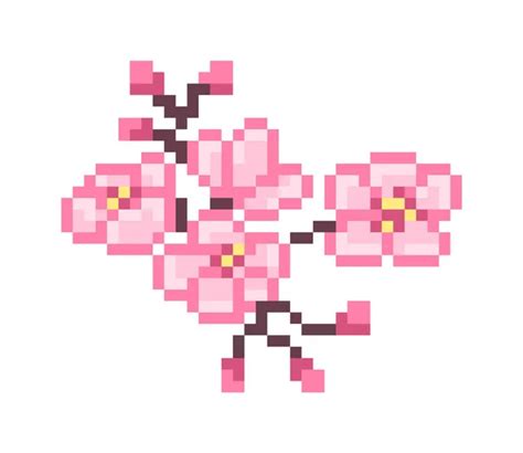 Blooming pink sakura branch with flowers and buds, pixel art ico ...