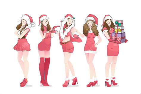 Lindas Chicas Disfrazadas De Santa Claus Con Caja De Regalo Vector PNG