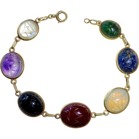 14k Egyptian Revival Gemstone Scarab Bracelet From Bejewelled On Ruby Lane