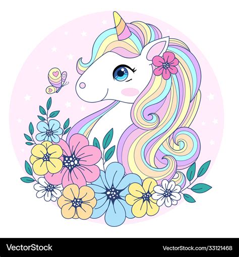 Cute Unicorn With Surrounded Flowers And Vector Image