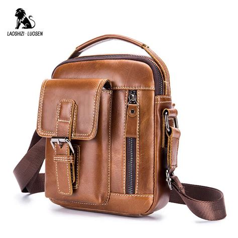 LAOSHIZI Men Genuine Leather Sling Bag With USB Charging Port Travel