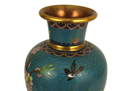 Vintage Cloisonne Vase With Cherry Blossoms And Bird Turquoise Blue