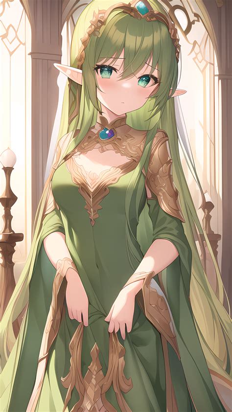 Green Hair Long Hair Elves AI Art Dress Portrait Display Anime