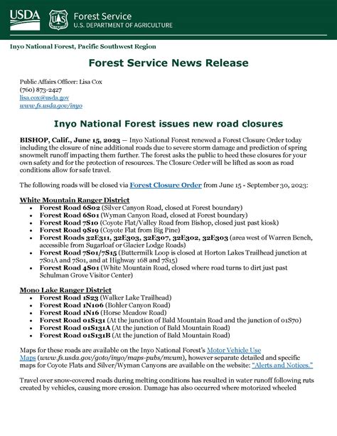 Inyo National Forest Service Issues New Road Closures - Sierra Wave