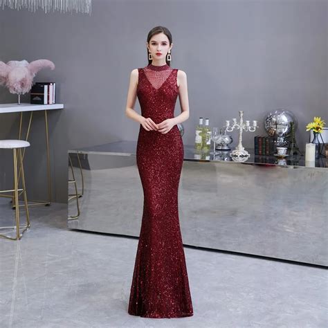 Burgundy Prom Dresses Beading Sequined Mermaid 2020 Sleeveless Evening