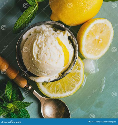 Illustration Of A Scoop Of Lemon Ice Cream Surrounded By Fresh Lemon