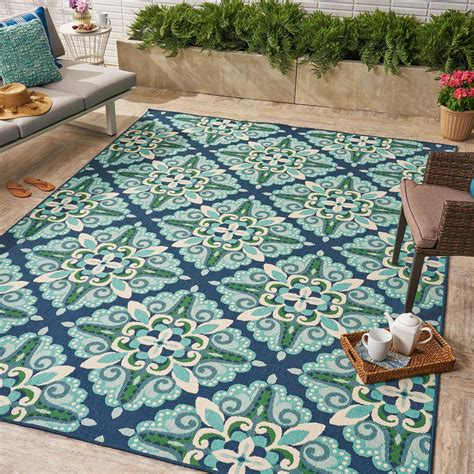 Indoor Outdoor Floral X Area Rug Blue Green Walmart