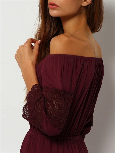 Burgundy Off The Shoulder Lace Embellished Jumpsuit Shein Sheinside