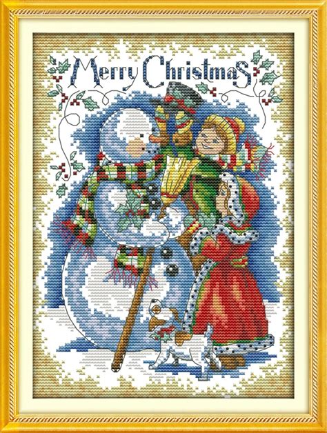 Merry Christmas Cross Stitch Kit Winter Snowman 14ct 18ct Count Canvas