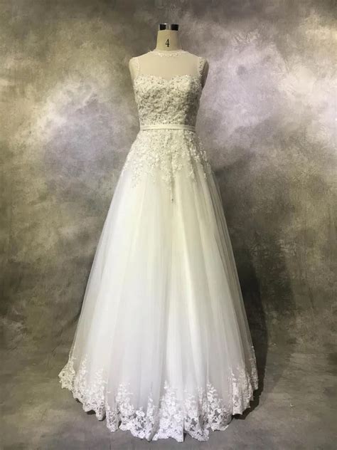 Ball Gown Illusion Tulle Floor Length Wedding Dresses With Appliques