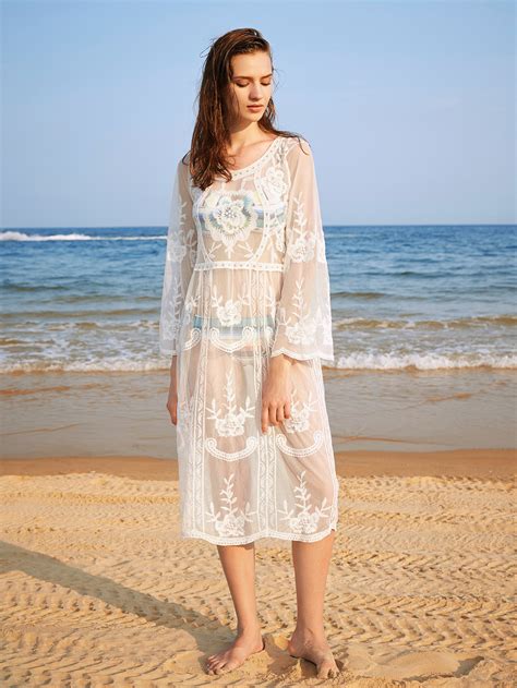 Flower Embroidery Sheer Cover Up Dress Shein Sheinside