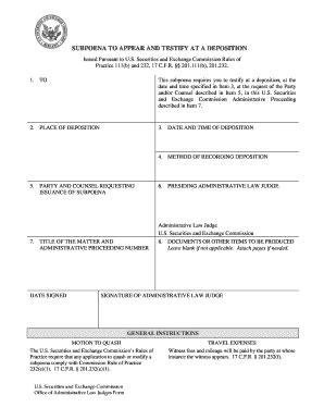 Fillable Online Sec Subpoena Form To Appear And Testify At A Deposition