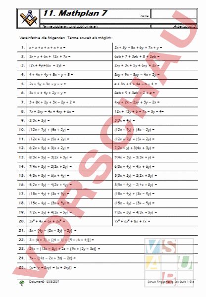 Arbeitsblatt Terme Vereinfachen Mathematik Algebra