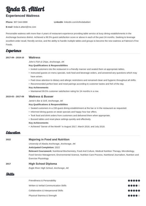 Waiter Waitress Resume Example Template Valera