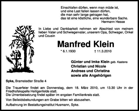 Traueranzeigen Von Manfred Klein Trauer Kreiszeitung De