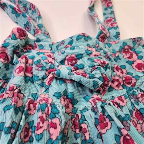 Vintage Happy Kids Girls Blue Floral Print Bow Suspen Gem