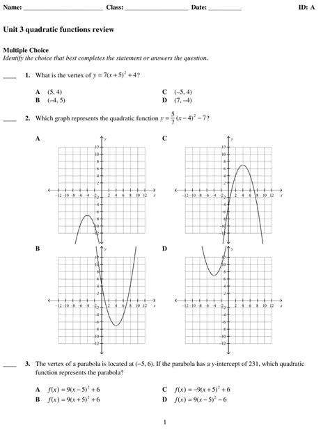 Identifying Quadratic Functions Worksheets