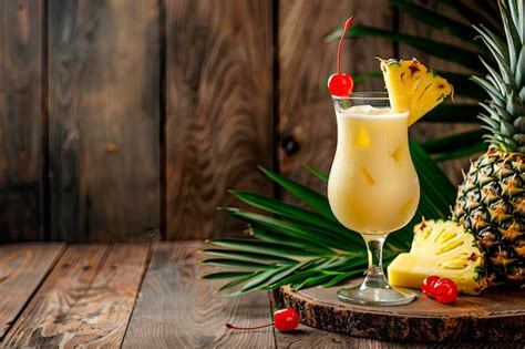 Premium Photo Pina Colada Cocktail Garnished With Cherry Pineapple Slice And Leaves On Wooden