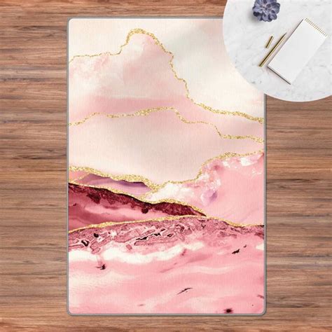 Teppich Abstrakte Berge Rosa Mit Goldenen Linien