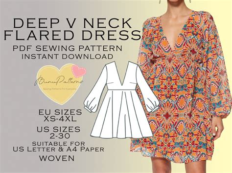 V Neck Dress Sewing Pattern Pdf Sewing Pattern Eu Xs S M L Etsy