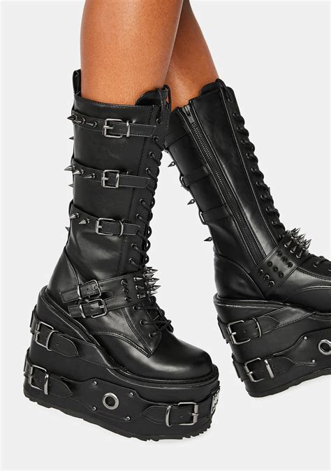 Demonia Swing 327 Spike Buckle Mid Calf Platform Boots Black Dolls Kill