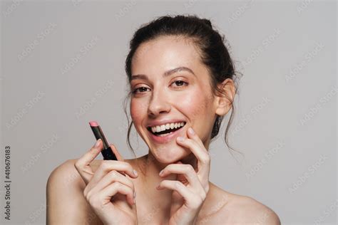 Happy Half Naked Woman Laughing And Posing With Lipstick Stock Photo