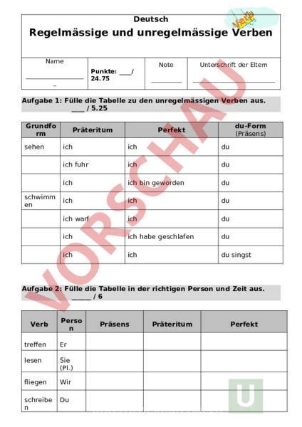 Arbeitsblatt Regelmässige und unregelmässige Verben Deutsch Grammatik