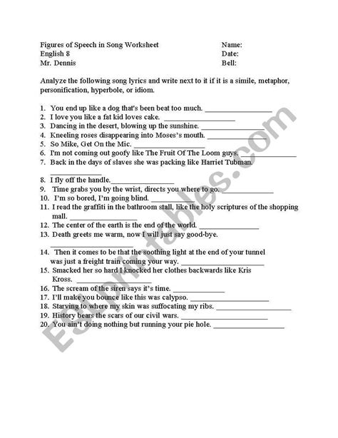 Figures Of Speech Worksheet