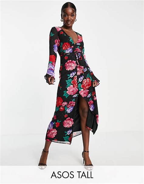 Asos Design Tall Button Through Maxi Tea Dress With Fluted Sleeves In