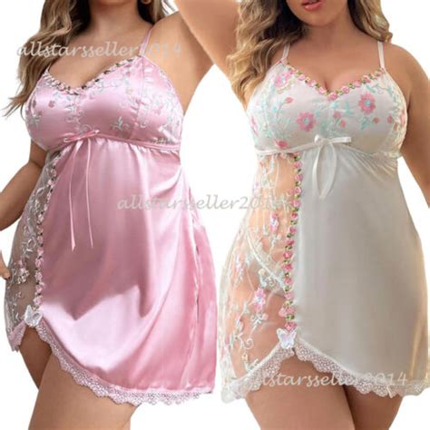 Women S Plus Size Lace Sheer Mesh Satin Babydoll Dress Cut Out Lingerie Dress Ebay