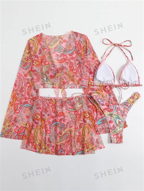 Shein Swim Conjunto De Bikini De Tri Ngulo Halter Con Estampado Paisley