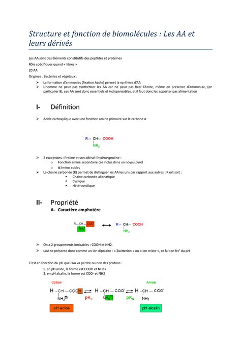 1 AA Origine et description des acides aminés Structure et fonction