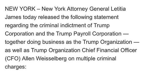 Statement From New York Attorney General Letitia James On Criminal