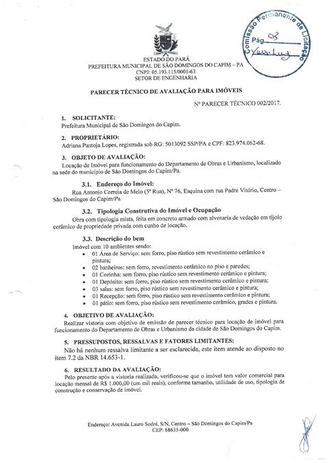 Parecer T Cnico Prefeitura Municipal De S O Domingos Do Capim