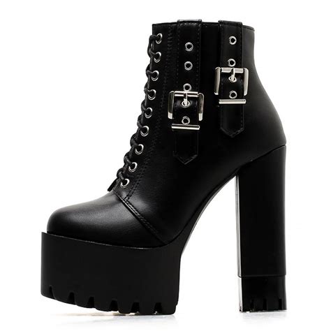 Black Side Buckles Chunky Block Sole Ankle High Heels Boots