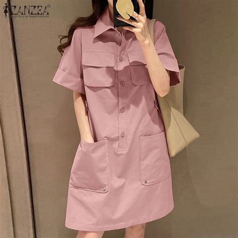 Zanzea Korean Style Women S Dresses New Fashion Commute Short Sleeve Lapel Plain Cargo Shirt