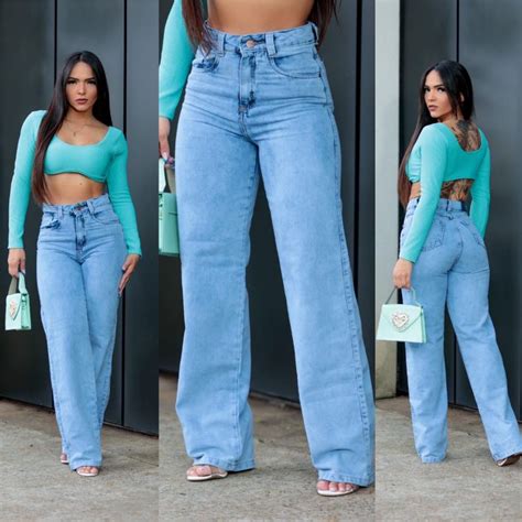 Calça Jeans Wide Leg Sky Tendência Lisa Cintura Alta Exclusiva Preminum