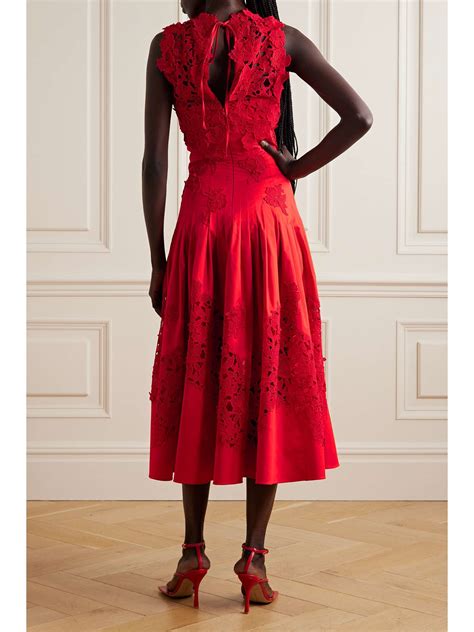 Red Guipure Lace Trimmed Cotton Blend Poplin Midi Dress OSCAR DE LA