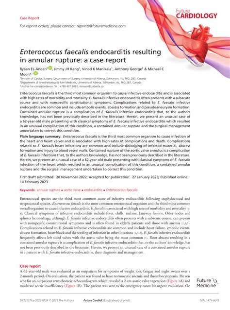 Pdf Enterococcus Faecalis Endocarditis Resulting In Annular Rupture