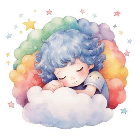 Ilustración acuarela de una niña durmiendo en una nube con un arco iris