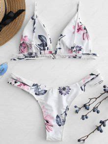 Plant Print Plunge Bikini Set In WHITE ZAFUL