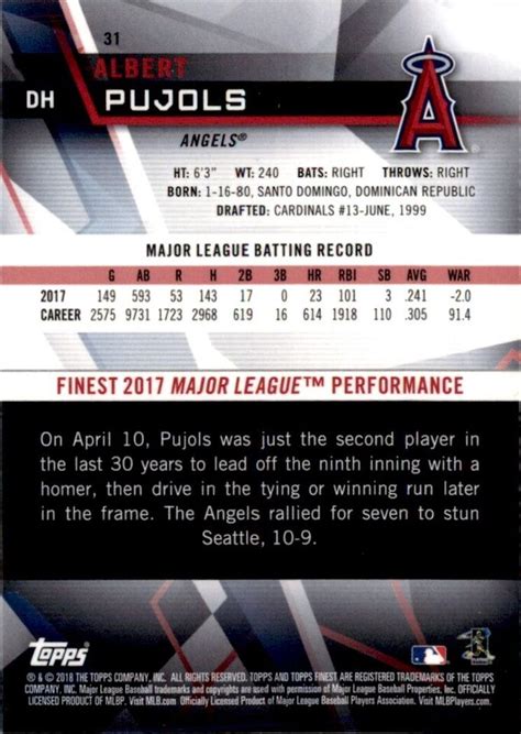 2018 Finest Albert Pujols Los Angeles Angels 31 EBay